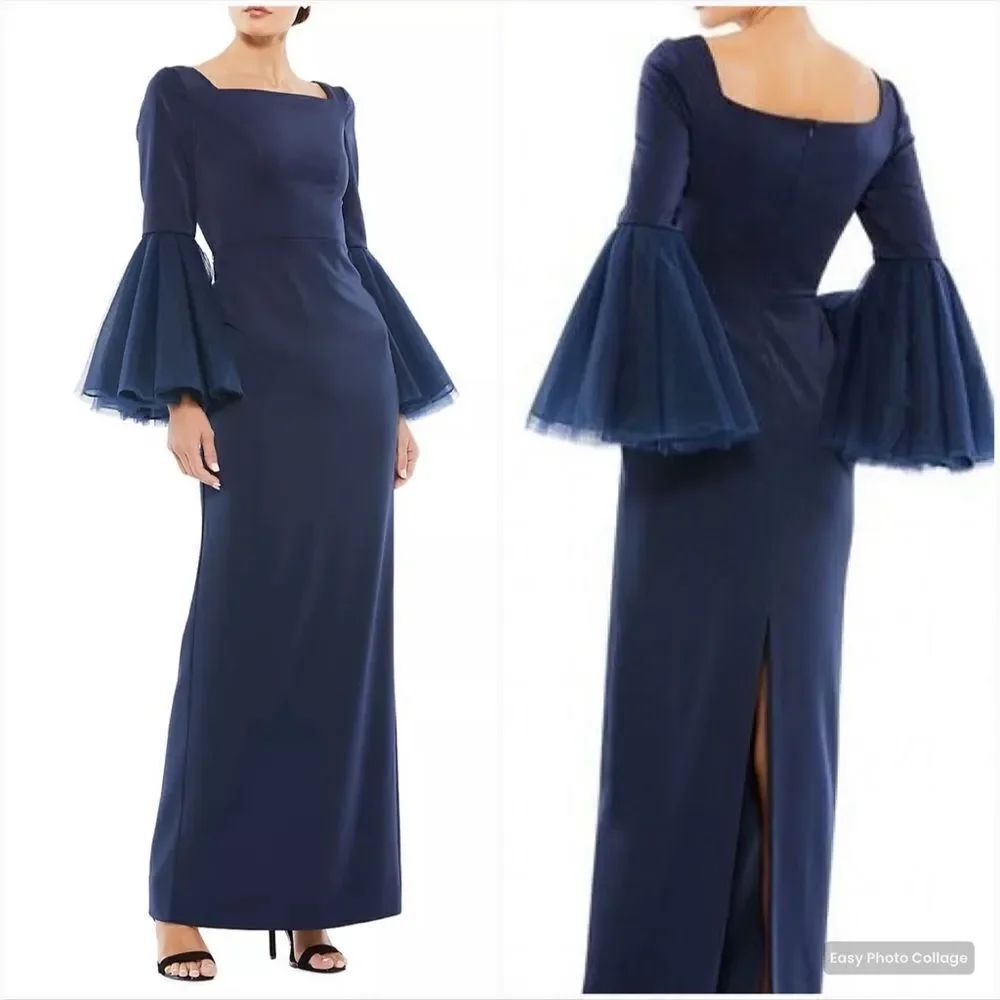 MAC DUGGAL 11233 Womens Navy Flounce Sleeve Square Neck Column Gown